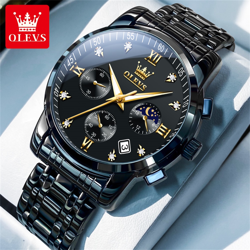 OLEVS 인기 남성용 시계 스테인레스 스틸 블랙 문  - Luxury Zone 리뷰 및 가격